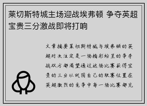 莱切斯特城主场迎战埃弗顿 争夺英超宝贵三分激战即将打响